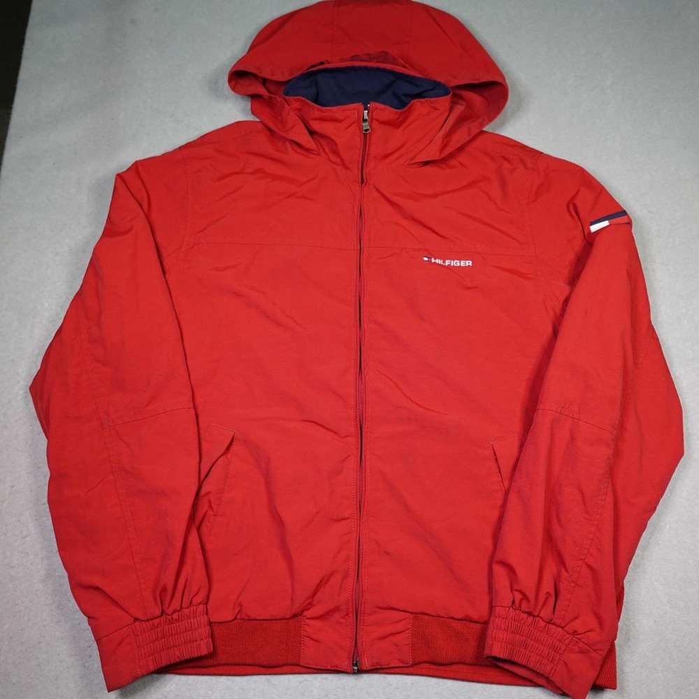 VTG Tommy Hilfiger Jacket Mens Large Red Hooded Windbreaker Full Zip Nylon Logo